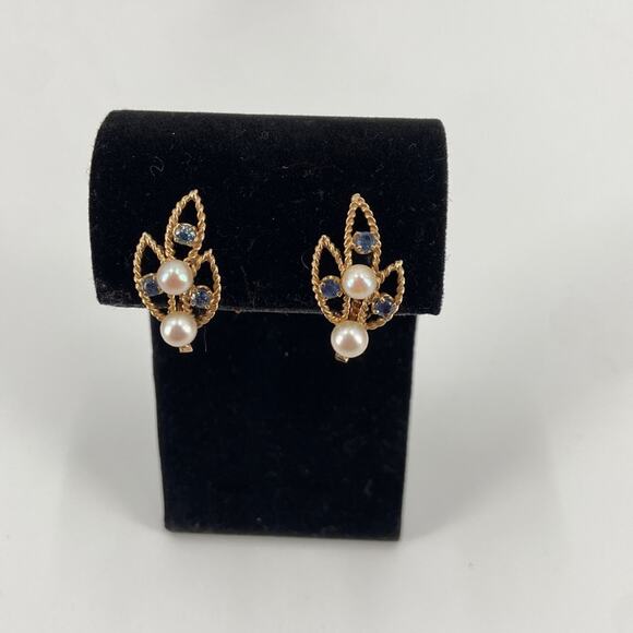 Vintage 14k pearl and sapphire clip on earrings - Picture 1 of 6